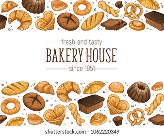 Bakery House. Horizontal border composition from hand drawn bread. Vector illustration for bakery shops isolated on white background. Fresh bread poster concept.