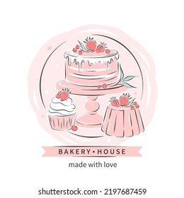 Bakery house. Logo for confectionery or bakery. Сake, cupcake and berries. Vector illustration for menu, recipe book, baking shop, cafe.