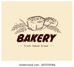 Bakery house logo design with hand drawn bread loaf and wheat illustration. Vector doodle style. For cafe brand emblem.