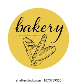 Bakery house logo design with hand drawn bread loaf and baguette illustration. Vector doodle style. For cafe brand emblem.