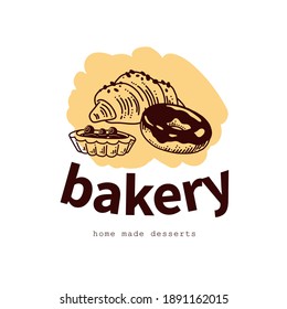 Bakery house logo design with hand drawn croissant, pie and donut illustration. Vector doodle style. For cafe brand emblem.