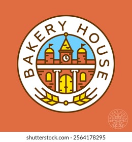 Bakery house logo. The fairytale castle with towers, clocks, roofs and gates and spikelets on a round emblem. 