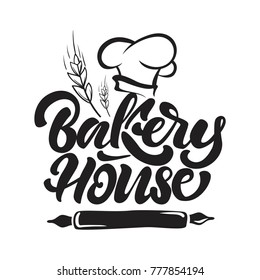 Bakery house logo in lettering style with chef's hat, cereals and rolling pin. Vector illustration.