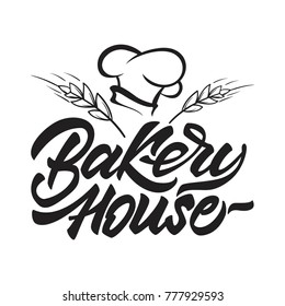 Bakery house logo in lettering style with chef's hat and cereals. Vector illustration.