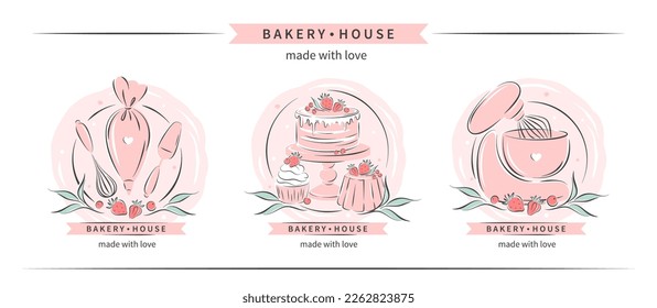 Bakery house logo. Set of design for pastry and bread shop. Planetary stationary dough mixer, kitchen tools and cakes and berries. Vector illustration