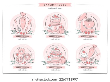 Logo de la casa de panadería. Conjunto de diseño para pastelería y panadería. Mezclador planetario estacionario de masa, herramientas de cocina y pasteles y bayas. Ilustración del vector