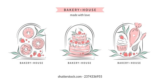 Bakery house logo. Set of design for pastry and bread shop. Kitchen tools and cakes and berries. Vector illustration