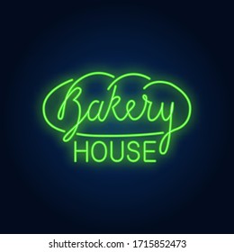 Bakery house neon sign. Loaf of bread on brick wall. Night bright advertisement. Vector illustration in neon style for cafe and coffee shop