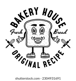 Bakery house vector monochrome emblem, badge, label or logo with bread slice smiling cartoon character isolated on white background