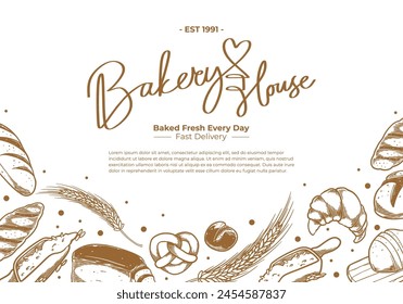 Bakery house vintage banner template. Vector illustration hand drawn engraving brown retro bakery