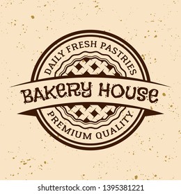 Bakery house vintage vector round emblem, label, badge or logo with pie on light colored background