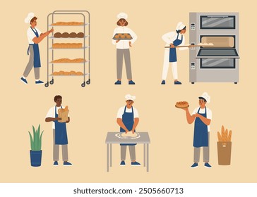 Bakery house workers cooking selling bread and pastry set