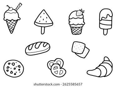 Bakery and Ice cream Hand Drawn Outline set that you can use as an illustration, kids colouring book, create outline background, menu or etc.