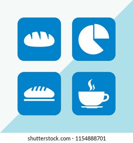 bakery icon. 4 bakery set with bread, pie cart and hot coffee rounded cup on a plate from side view vector icons for web and mobile app