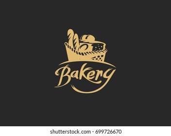 Bakery icon, chef, menu, cakehouse, bread and breakfast, pastry, sell, marinate and cook, black background, vector illustration