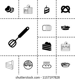Bakery icon. collection of 13 bakery filled and outline icons such as cake, pretzel, pie, sweet box, piece of cake, corolla, donut. editable bakery icons for web and mobile.