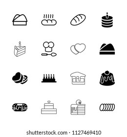 Bakery icon. collection of 16 bakery filled and outline icons such as cake, pie, sweet box, chef hat, bread, cookie. editable bakery icons for web and mobile.