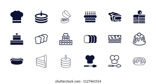 Bakery icon. collection of 18 bakery filled and outline icons such as pie, cake, chef hat, chef hat and spoon, piece of cake, bread. editable bakery icons for web and mobile.