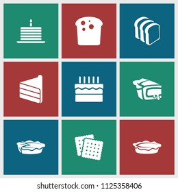 Bakery icon. collection of 9 bakery filled icons such as cookies, bread, bread slices, pie, cake. editable bakery icons for web and mobile.