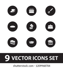 Bakery icon. collection of 9 bakery filled icons such as piece of cake, pie, cake, corolla, bread, coffee and croissant. editable bakery icons for web and mobile.