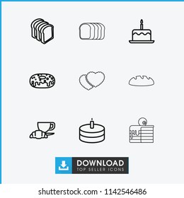 Bakery icon. collection of 9 bakery outline icons such as cake with one candle, donut, bread slices, coffee and croissant, cake. editable bakery icons for web and mobile.
