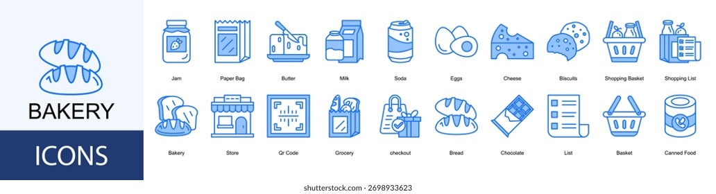 Conjunto de coleção de ícones de padaria. Contendo gelado, Saco de papel, Manteiga, Leite, Refrigerante, Ovos, Queijo, Ícone de biscoitos