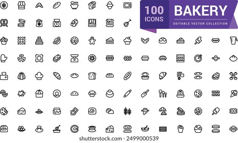 Bakery icon collection. Set Bakery thin line icon set. Bakery collection of simple outline signs. Fresh baking symbol in linear style. Editable vector stroke.