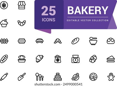 Bakery icon collection. Set Bakery thin line icon set. Bakery collection of simple outline signs. Fresh baking symbol in linear style. Editable vector stroke.