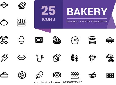 Bakery icon collection. Set Bakery thin line icon set. Bakery collection of simple outline signs. Fresh baking symbol in linear style. Editable vector stroke.