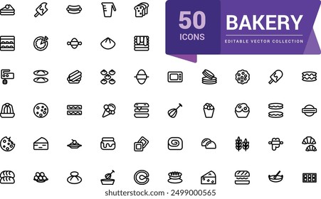 Bakery icon collection. Set Bakery thin line icon set. Bakery collection of simple outline signs. Fresh baking symbol in linear style. Editable vector stroke.