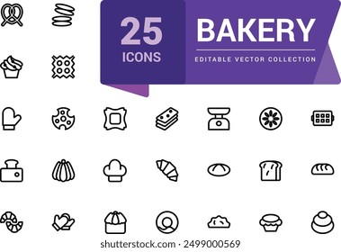 Bakery icon collection. Set Bakery thin line icon set. Bakery collection of simple outline signs. Fresh baking symbol in linear style. Editable vector stroke.