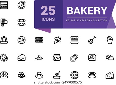 Bakery icon collection. Set Bakery thin line icon set. Bakery collection of simple outline signs. Fresh baking symbol in linear style. Editable vector stroke.