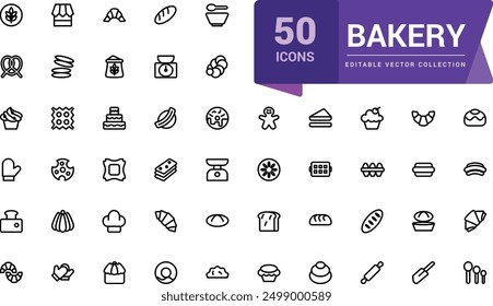 Bakery icon collection. Set Bakery thin line icon set. Bakery collection of simple outline signs. Fresh baking symbol in linear style. Editable vector stroke.