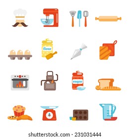 Bakery icon flat set with bread cakes flour pastry isolated vector illustration