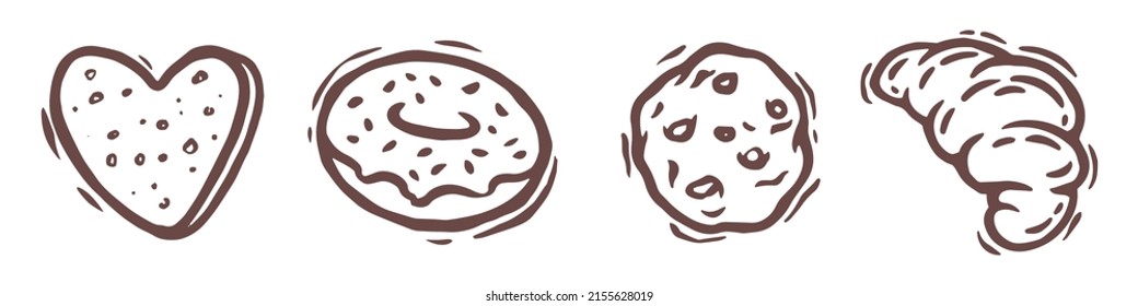 Icono de panadería. Los productos de panadería son de estilo doodle. Pastel, galleta, donut, cruasán. Ilustración vectorial.