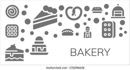 bakery icon set. 11 filled bakery icons.  Simple modern icons such as: Cinnamon roll, Cake, Waffle, Bread, Barista, Pretzel, Brownie, Pie, Biscuit