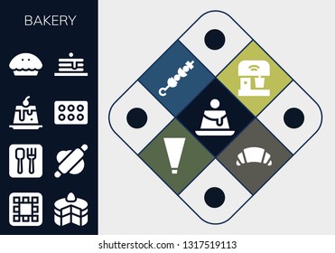 bakery icon set. 13 filled bakery icons.  Collection Of - Creme caramel, Waffle, Cake, Restaurant, Rolling pin, Cupcake, Pie, Pancakes, Mixer, Brochette, Piping bag, Croissant