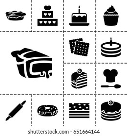 Bakery icon. set of 13 filled bakeryicons such as cake with one candle, cookies, cake, piece of cake, donut, pie, muffin, chef hat and spoon