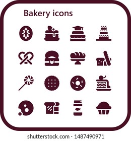 bakery icon set. 16 filled bakery icons.  Simple modern icons about  - Sourdough, Pancake, Cake, Pretzel, Food, Baguette, Bread, Sweet, Biscuit, Doughnut, Cookie, Fish food, Cupcake
