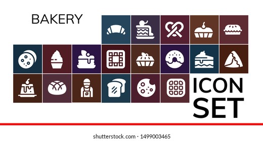 bakery icon set. 19 filled bakery icons.  Collection Of - Croissant, Cookie, Creme caramel, Bread, Barista, Waffle, Cupcake, Pancake, Cake, Donut, Samosa, Pretzel, Pie