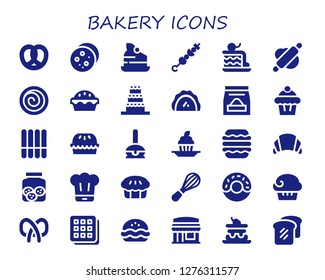  bakery icon set. 30 filled bakery icons. Simple modern icons about  - Pretzel, Cookie, Cake, Brochette, Rolling pin, Cinnamon roll, Pastry, Food, Muffin, Pie, Cake pop, Cupcake