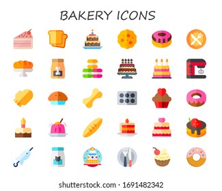 bakery icon set. 30 flat bakery icons. Included cake slice, bread, cake, cookies, donut, restaurant, baguette, dog food, macaron, birthday cake, mixer, oven mitt, pie, cupcake icons
