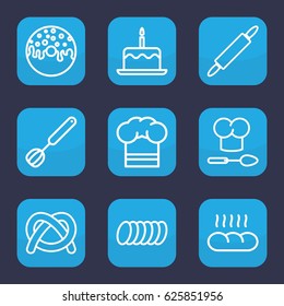 Bakery icon. set of 9 outline bakery icons such as cake with one candle, donut, chef hat, cookie, bread, chef hat and spoon, corolla, dough pin