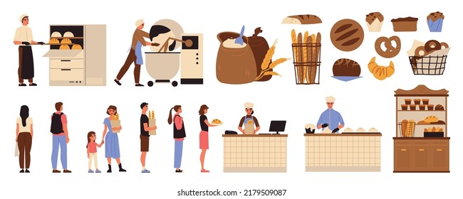 Bakery icon set bakers standing in the kitchen salesmen in bakery selling baked goods different kinds of bread and baked rolls vector illustration