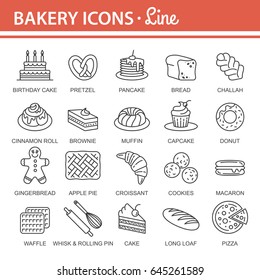 Bakery icon set. Bread Cake Pie Donut Pretzel Loaf Croissant Cupcake Macaroon Cinnamon Pancake Gingerbread. Outline vector Illustration isolated for graphic web design, for confectionery shop or cafe