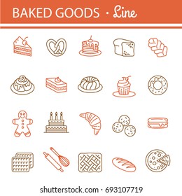 Bakery icon set. Bread Cake Pie Donut Pretzel Loaf Croissant Cupcake Macaroon Cinnamon Pancake Gingerbread. Outline vector Illustration isolated for your graphic web design. Editable stroke.