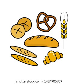 Bakery icon set. Bread, wheat, pretzel, roll, croissant, baguette. Label. Vector illustration.
