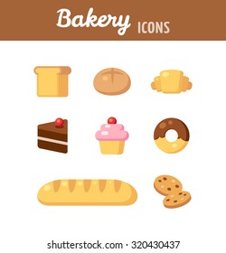 Bakery icon set. Breads, desserts and various baked goods. Vector illustration in flat cartoon style.
