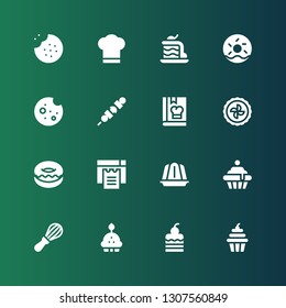 bakery icon set. Collection of 16 filled bakery icons included Cupcake, Cake, Mixer, Jelly, Cookies, Donut, Pie, Cook, Brochette, Cookie, Doughnut, Chef hat