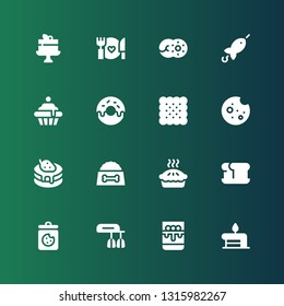 bakery icon set. Collection of 16 filled bakery icons included Birthday cake, Panna cotta, Mixer, Cookies, Bread, Pie, Dog food, Pancake, Cookie, Biscuit, Donut, Cupcake, Brochette